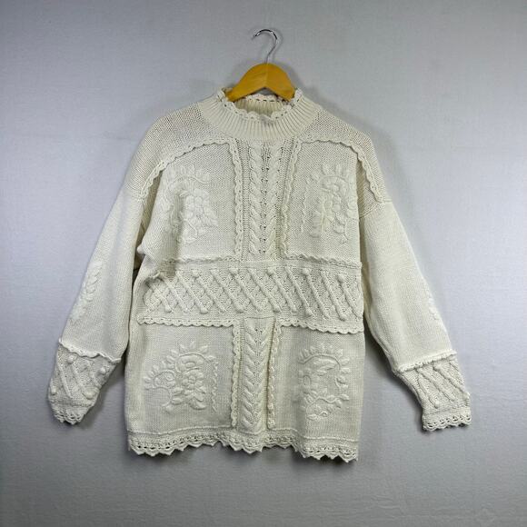 Vintage Rosanna Knitted by Hand Cream Cable Knit Sweater Floral Chunky L - Picture 1 of 9